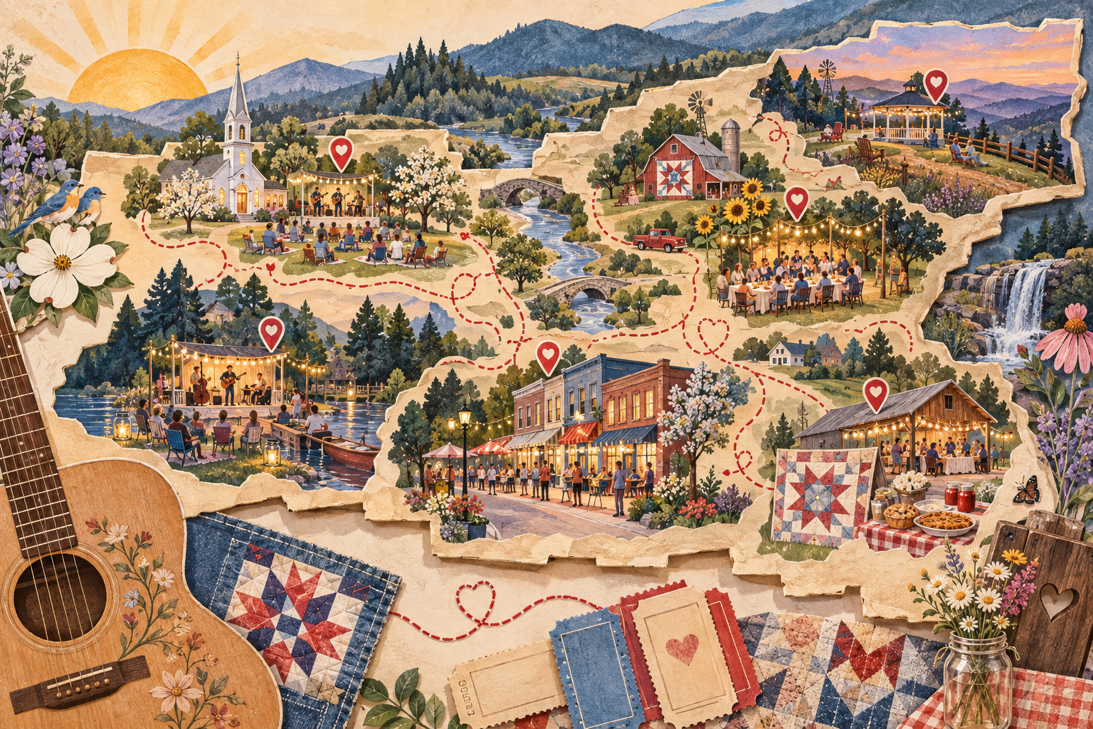 Illustrated celebration map with gathering places among mountains, music, flowers, and quilts